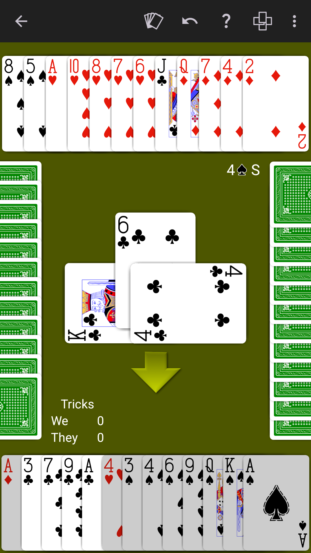 Bridge played on an olive green table