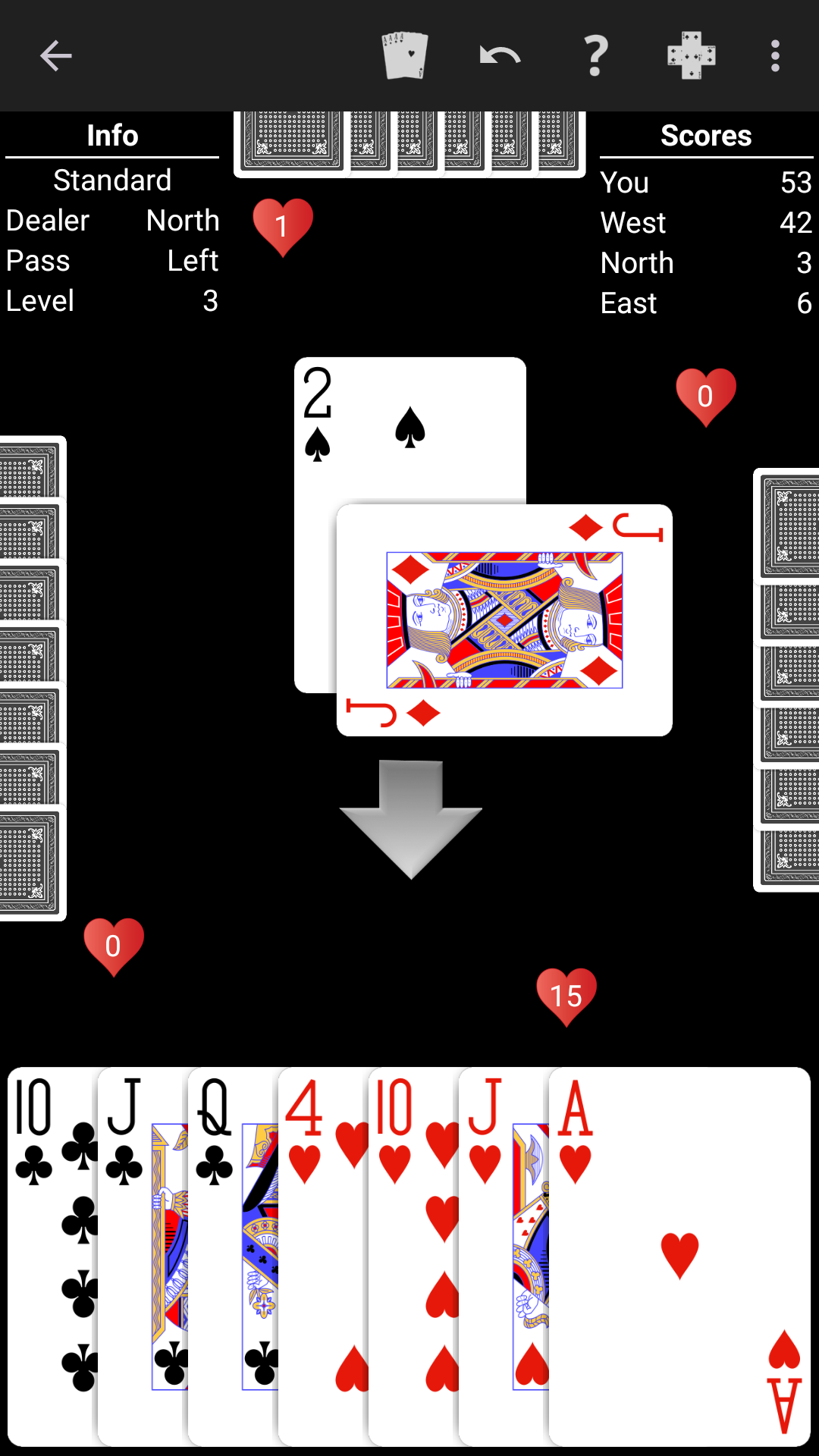 Hearts played on a high-contrast black table