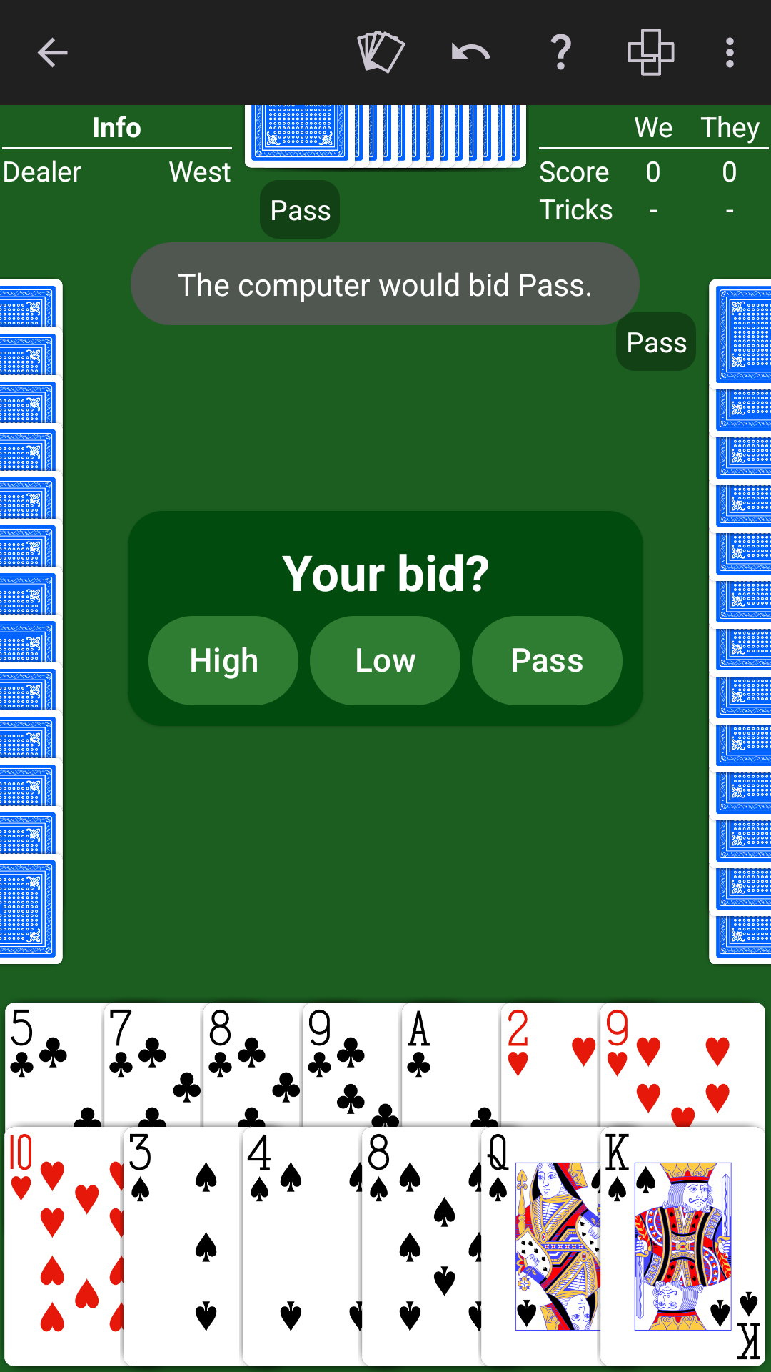NeuralPlay Minnesota Whist showing computer bid guidance
