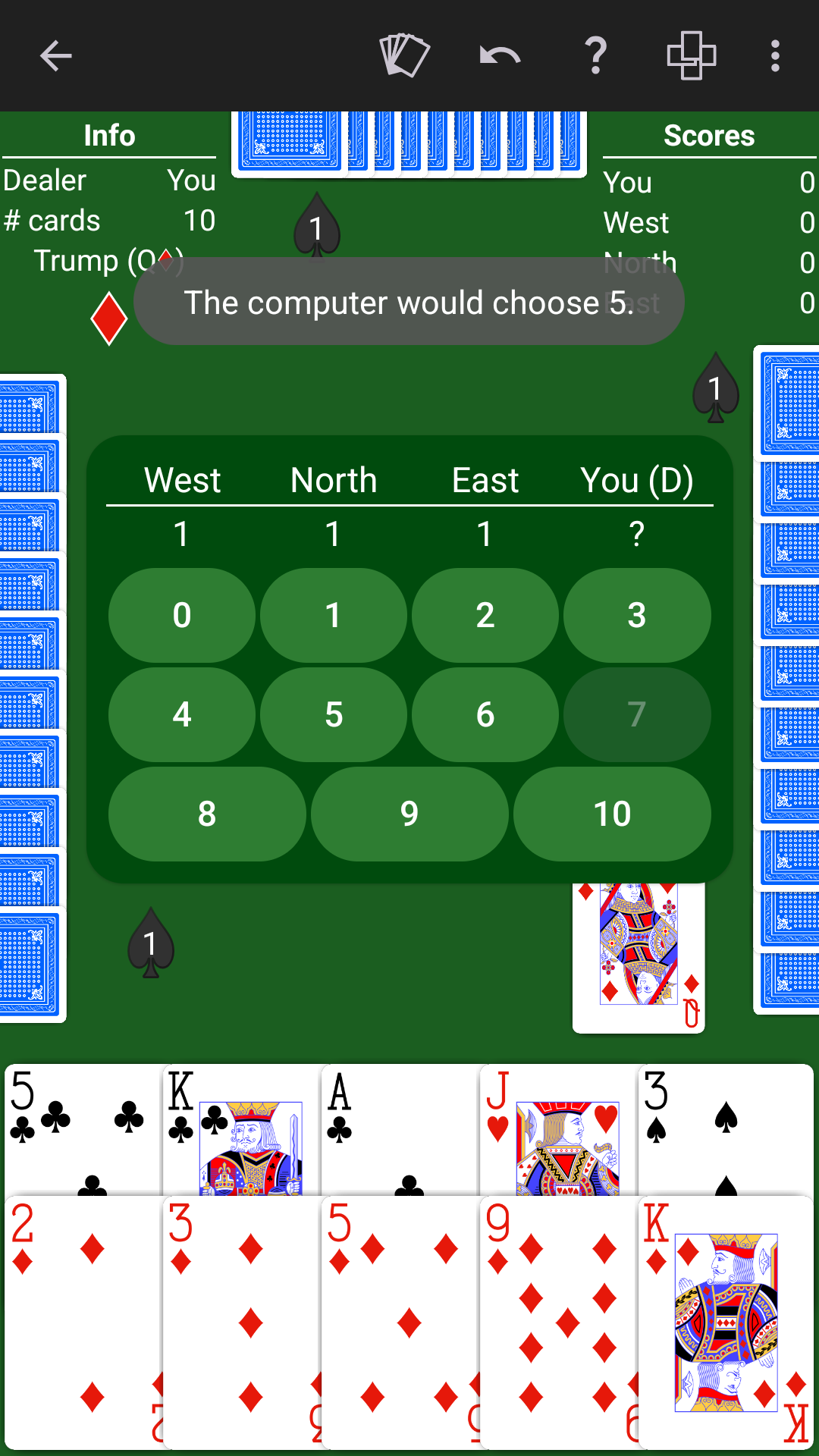 NeuralPlay Oh Hell recommending a bid of five