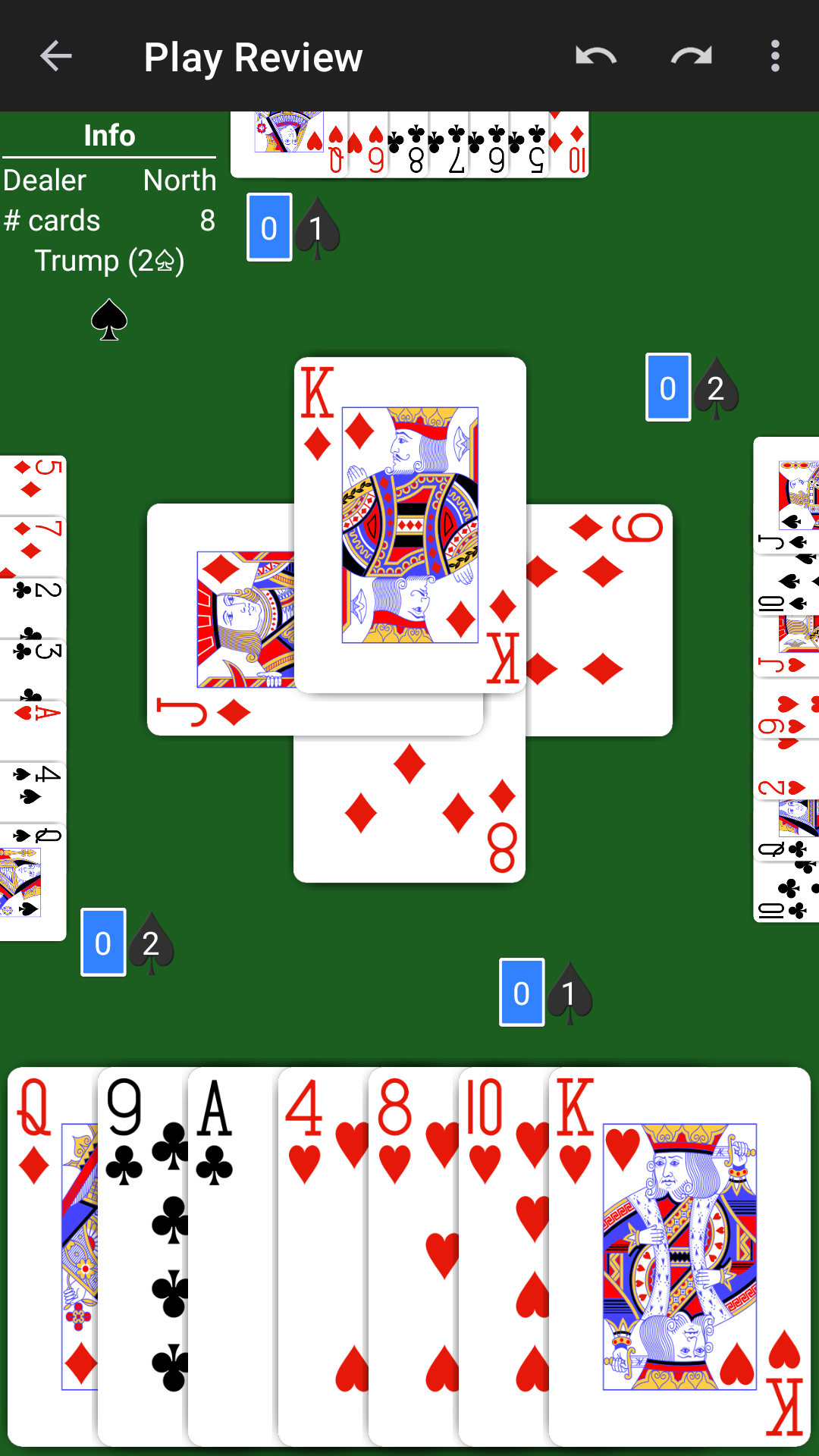 Trick-by-trick Oh Hell play review in NeuralPlay