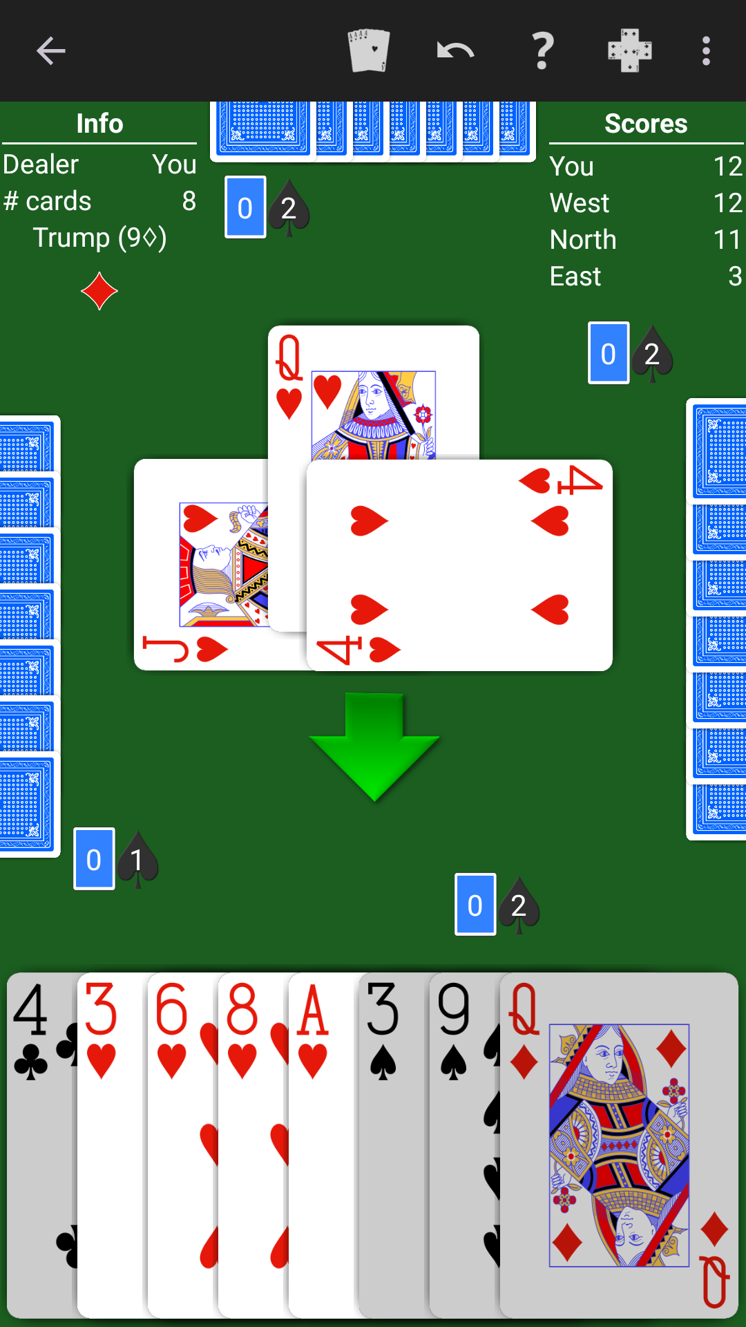 A hand of Oh Hell in NeuralPlay
