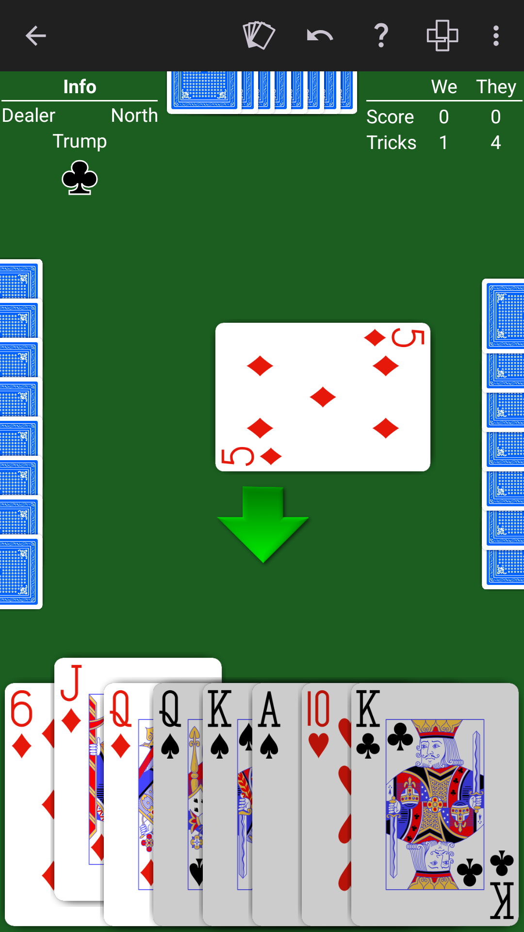 NeuralPlay Whist hint raising the Jack of Diamonds as the suggested play